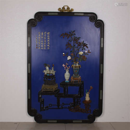 CHINESE BLUE LACQUER GEM STONE INLAID HARDWOOD PLAQUE