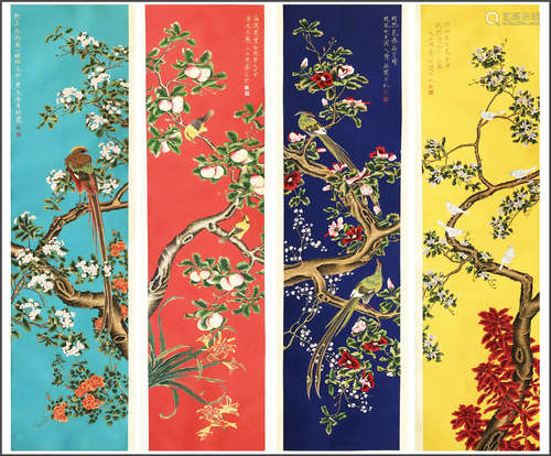 FOUR PANELS OF CHINESE SCROLL PAINTING OF BIRD AND FLOWER