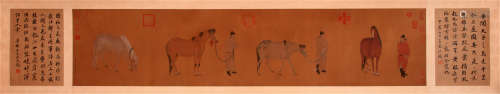 CHINESE HAND SCROLL PAINTING OF  HORSE MEN WITH CALLIGARPHY