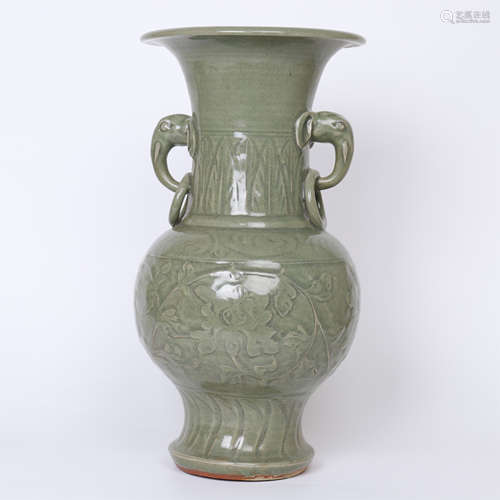 CHINESE CELADON GLAZE ENGRAVED FLOWER GU VASE