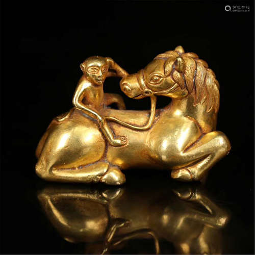 CHINESE GILT BRONZE MONKEY ON HORSE