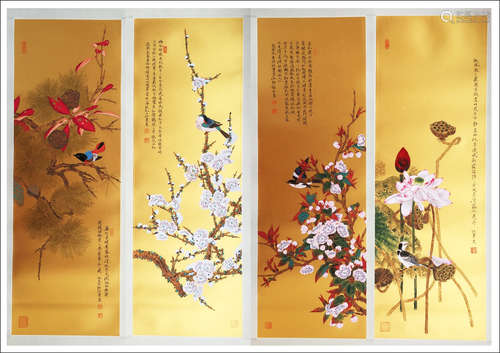 FOUR PANELS OF CHINESE SCROLL PAINTING OF BIRD AND FLOWER