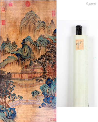 CHINESE SCROLL PAINTING OF MOUNTAIN VIEWS WITH STORE LABEL