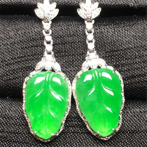 18K WHITE DIAMOND GOLD NATURAL JADEITE LEAF EARRINGS