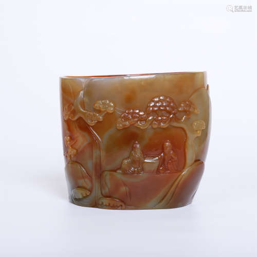 CHINESE AGATE FIGURES BRUSH POT