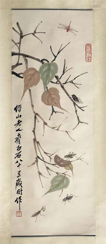 CHINESE SCROLL PAINTING OF INSECT AND LEAF