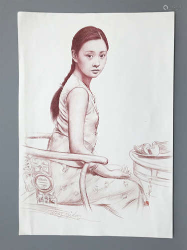 CHINESE SKETCH DRAWING OF SEATED GIRL