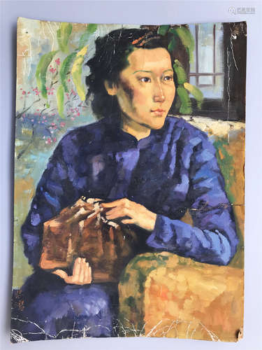 CHINESE OIL PAINTING OF LADY ON PAPER