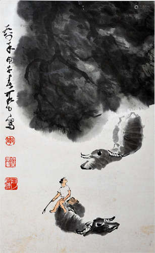 CHINESE SCROLL PAINTING OF BOY WITH OXES