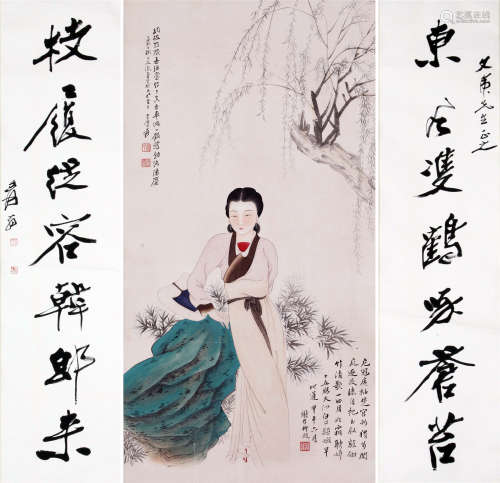 CHINESE SCROLL PAINTING OF BEAUTY UNDER WILLOW WITH CALLIGRAPHY CUPLET
