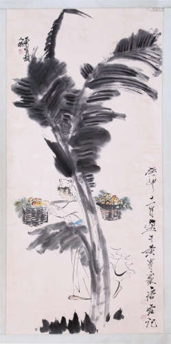 CHINESE SCROLL PAINTING OF GIRL UNDER BANANA LEAF