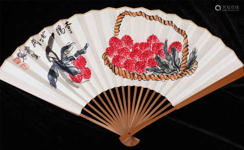 CHINESE FAN PAINTING OF FRUIT WITH CALLIGRAPHY