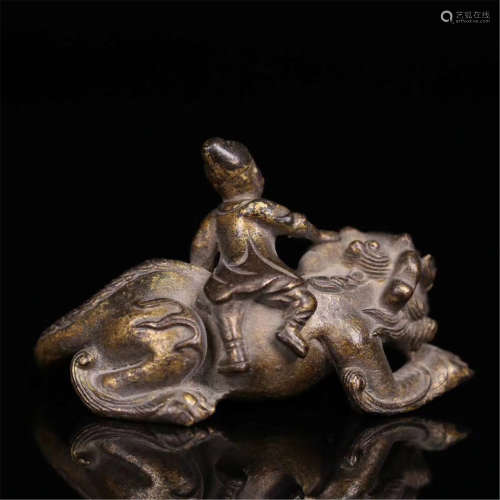 CHINESE GILT BRONZE MAN ON LION PAPER WEIGHT