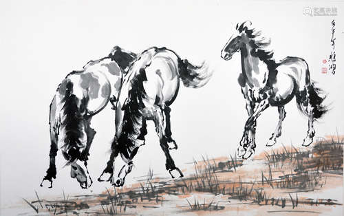 CHINESE SCROLL PAINTING OF THREE HORSE