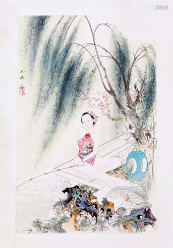 CHINESE SCROLL PAINTING OF BEAUTY FISHING