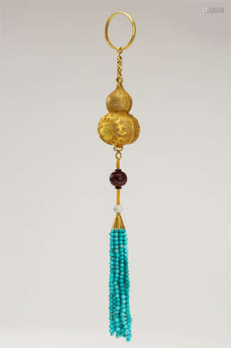 CHINESE PURE GOLD INSENCE CAGE WITH TURQUOISE TASSELS