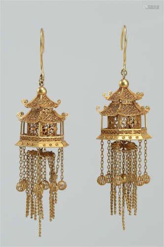 PAIR OF CHINESE PURE GOLD EARRINGS QING DYNASTY