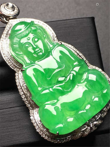 18K WHITE DIAMOND GOLD NATURAL JADEITE BUDDHA PENDANT