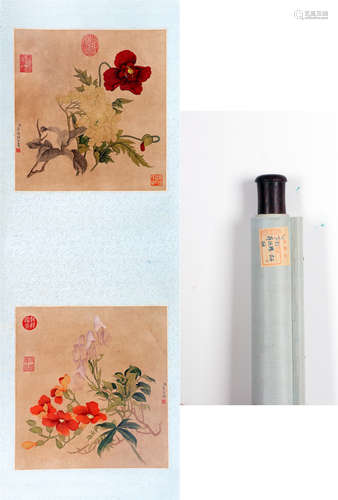 TWO PANELS OF CHINESE SCROLL PAINTING OF FLOWER