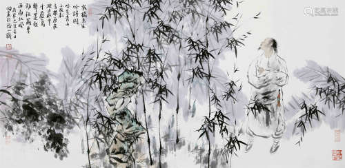 CHINESE SCROLL PAINTING OF MAN IN BAMBOO