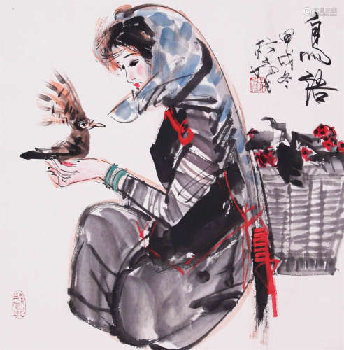 CHINESE SCROLL PAINTING OF BIRD AND GIRL