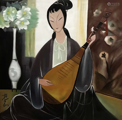 CHINESE SCROLL PAINTING OF SEATED FEMALE MUSICAN