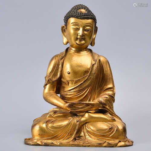 CHINESE GILT BRONZE FIGURE OF SHAKYAMUNI