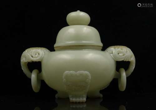 CHINESE CELADON JADE CARVED COVER CENSER