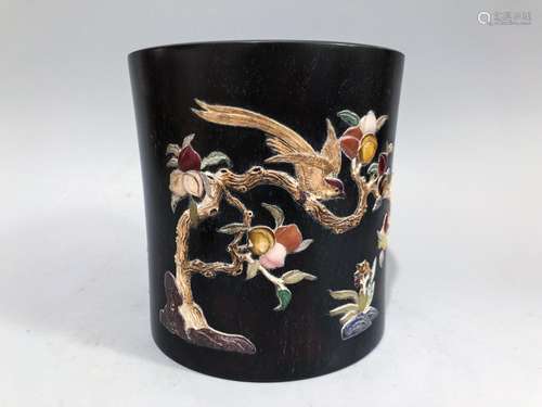 CHINESE ROSEWOOD BRUSH POT WITH INLAID