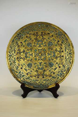 CHINESE GILT BRONZE MIRROR WITH INLAID