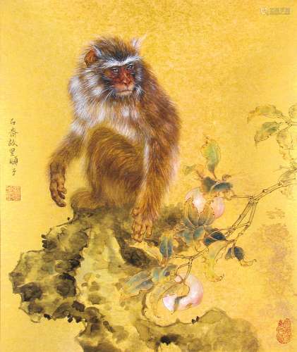 柳财顺 （b.1977） 猴子观桃 设色金卡镜框