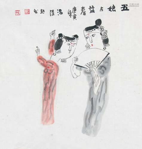 吕超然 （b.1941） 五娘与益春2010年作 设色纸本未裱