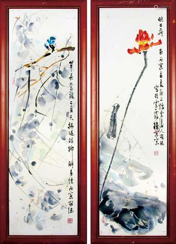 朱家陆 （1931-？） 花鸟二帧 设色搪瓷画镜框