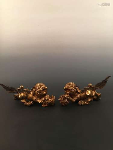 Chinese Gilt Bronze Foodog Pair Statue