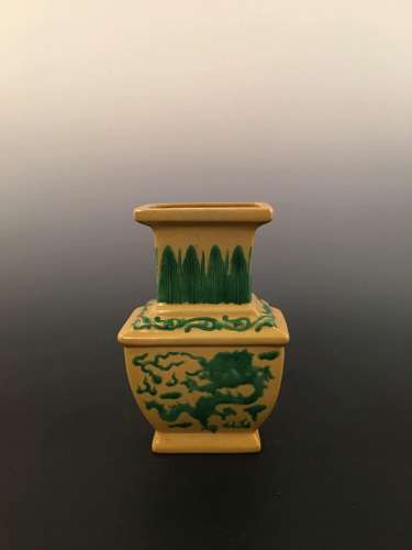 Chinese Yellow Ground Green Glazed Square Vase