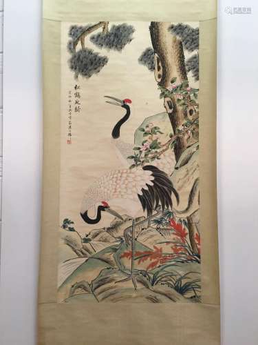 Chinese Hanging Scroll Of Pine Tree And Crane