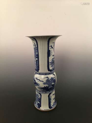 Chinese Blue& White Landscape Ceramic Gu