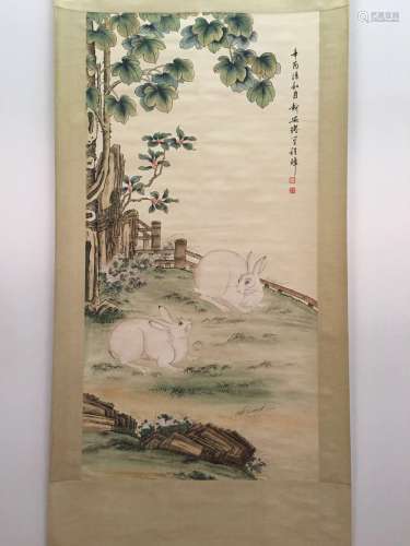 Chinese Hanging Scroll Of Flower And Rabbit With Cheng Zhang's Sign