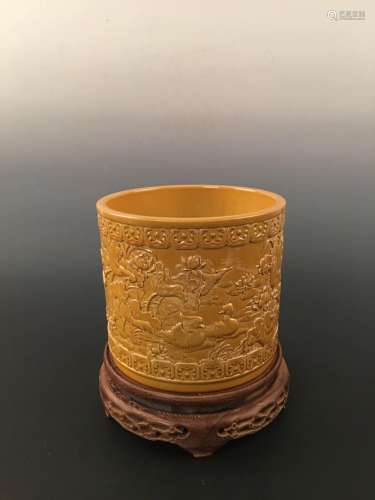 Chinese Yellow Glazed Brush Pot With Qian Long Mark