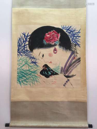 Chinese Hanging Scroll Of Lady And Bird