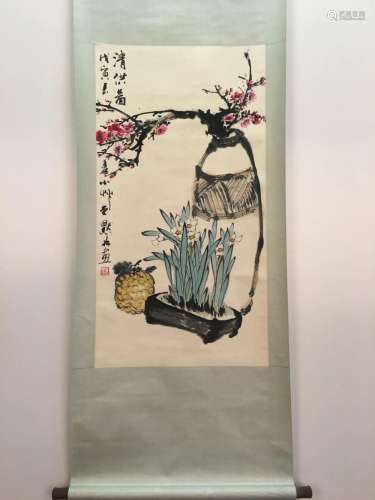 Chinese Hanging Scroll Of Flower With Yan Bo Long's Sign