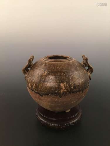 Chinese Yue Ware Brown Glazed Stoneware Jar With Carving