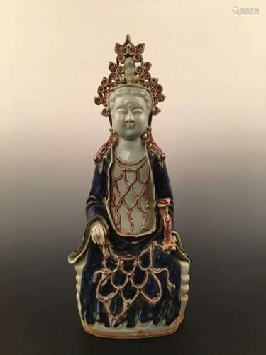 Chinese Copper-Red Glazed And Blue & White Porcelain Buddha Statue