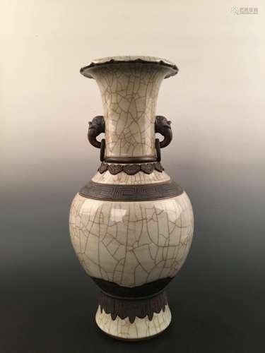 Chinese Glazed Ceramic Vase With Elephant Decoration