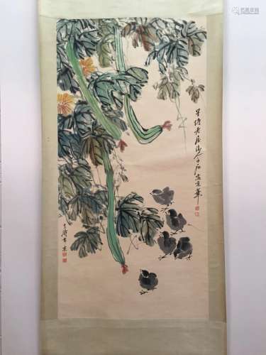 Chinese Hanging Scroll Of Gardening With Baishi Sign