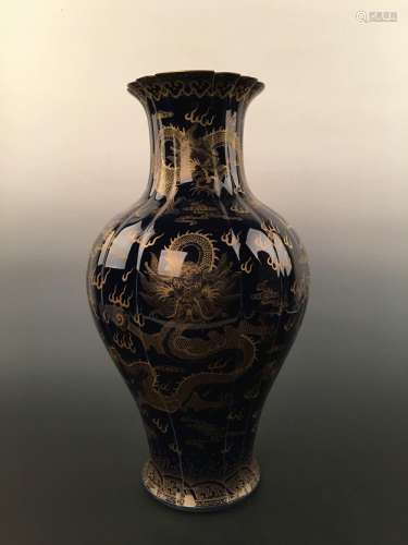 Chinese Black Glazed Porcelain Gilt Dragon Vase
