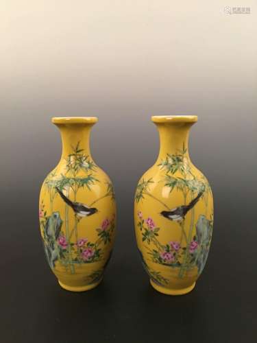 Chinese Enamel Yellow Ground Vase Pair