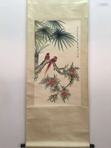 Chinese Hanging Scroll Of Flower And Bird With Yan Bo Long's Sign