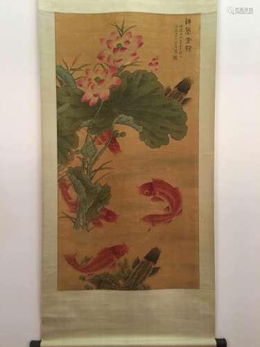 Chinese Hanging Scroll Of Flower And Fish With Shen Zhen's Sign
