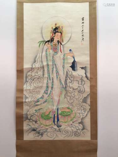 Chinese Hanging Scroll Of Guan Yin Figure